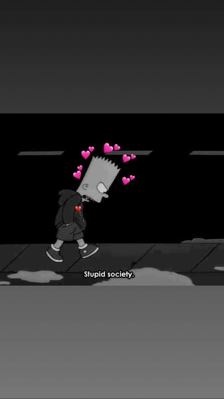 Dark Aesthetic Cartoon 桌布 壁紙 — 巴特·辛普森在夜間沮喪地行走，粉紅色的心形漂浮在他的頭頂，文字寫著「Stupid society。」