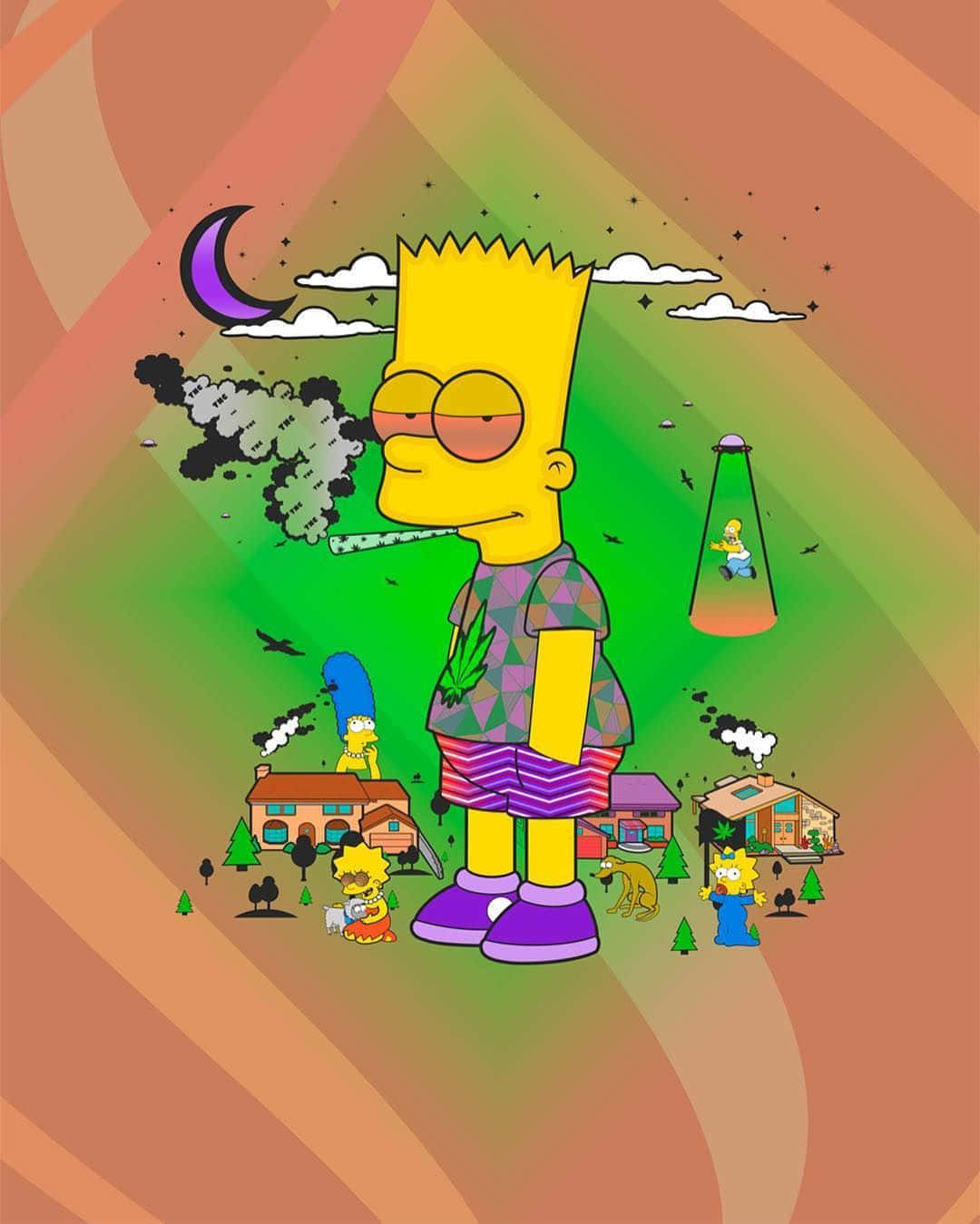 辛普森家庭 桌布 壁紙 — 巴特·辛普森在彎月下吸食大麻，而外星UFO在他郊區的社區上空盤旋。