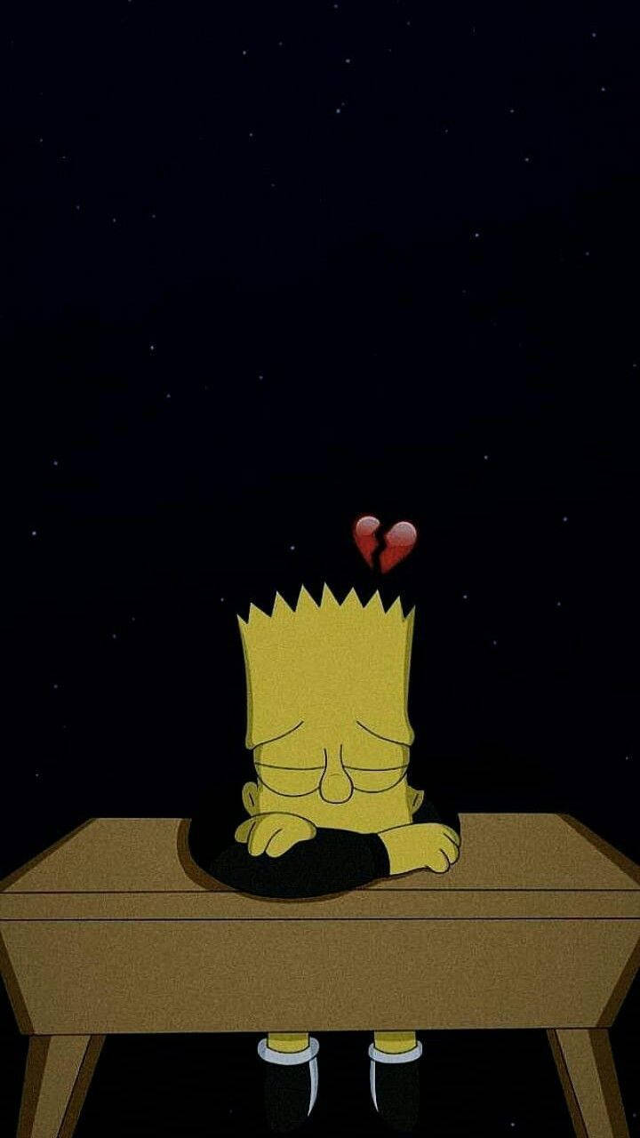 Cute Sad 桌布 壁紙 — 巴特·辛普森在星空下癱坐在書桌前，頭頂上漂浮著一顆破碎的心。