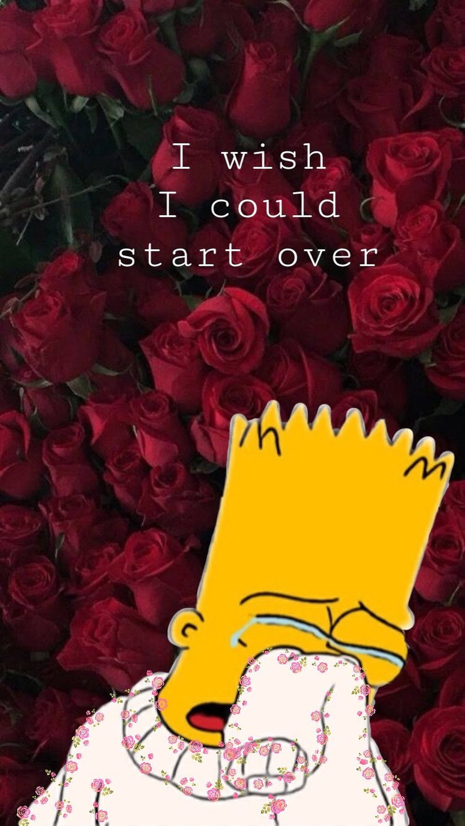 Simpson 桌布 壁紙 — 巴特·辛普森在深紅玫瑰背景下雙手掩面哭泣，並有文字疊加。