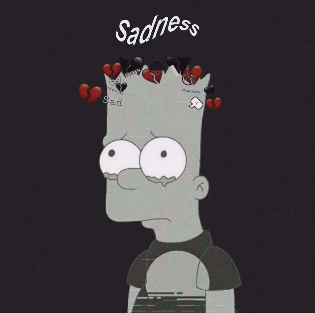 sadness 桌布 壁紙 — 巴特·辛普森在深色背景上，頭頂有淚水和破碎的心漂浮。