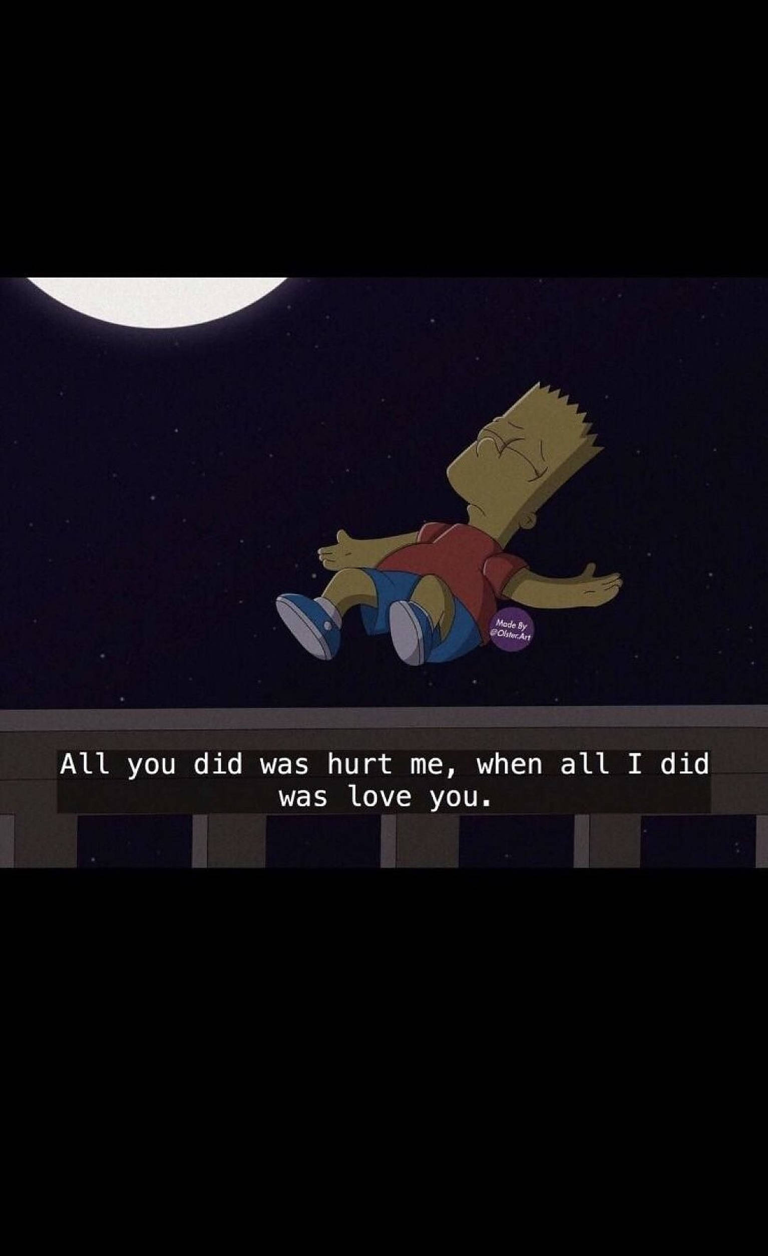 Simpson 桌布 壁紙 — 巴特·辛普森在滿月下、繁星點點的夜空中平靜漂浮，並覆蓋著一句令人心酸的語錄。