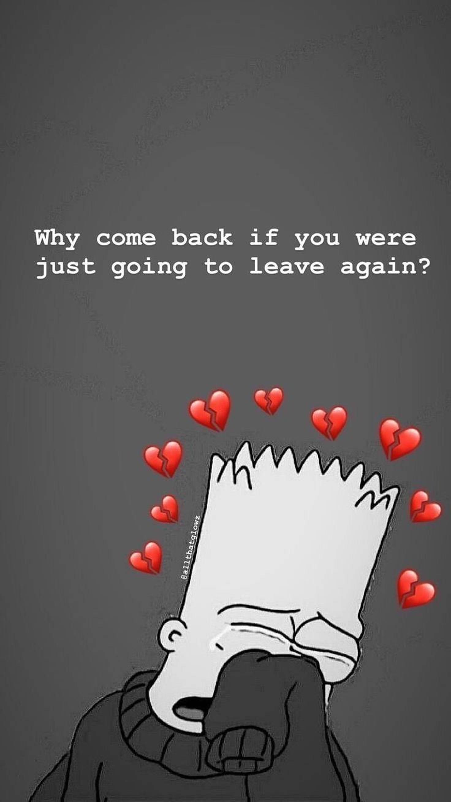 Simpson 桌布 壁紙 — 巴特·辛普森在灰色背景上哭泣，破碎的心漂浮在他的頭周圍。