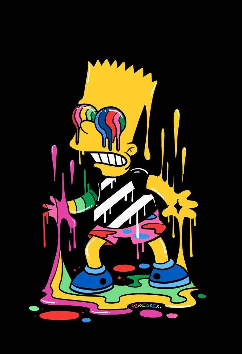 Sad Simpsons 桌布 壁紙 — 巴特·辛普森在純黑背景上滴落鮮豔彩虹顏料，呈現大膽塗鴉風格。