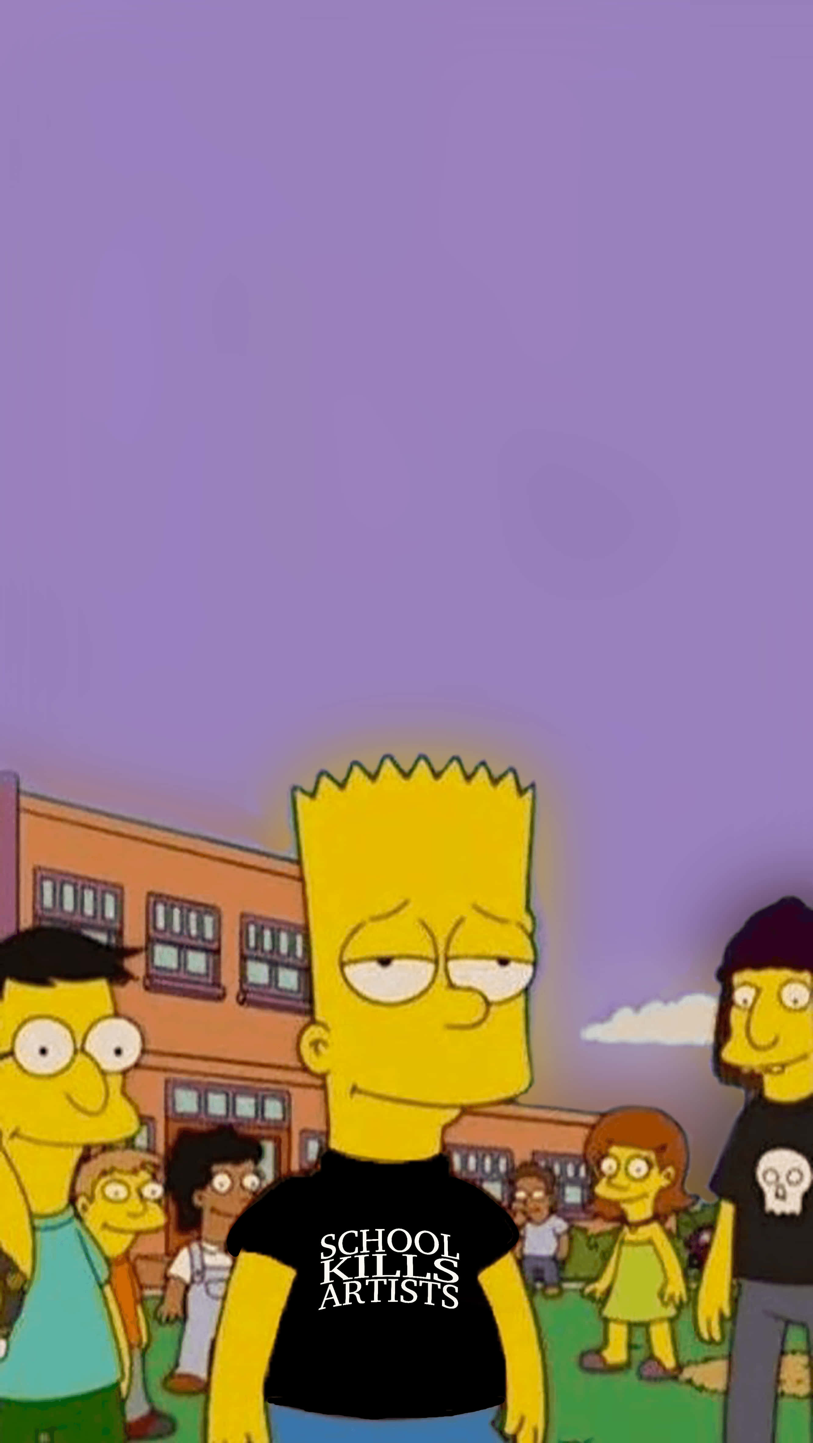 Simpsons Aesthetic 桌布 壁紙 — 巴特·辛普森在紫色天空下，與同學們無聊地站在學校前面。