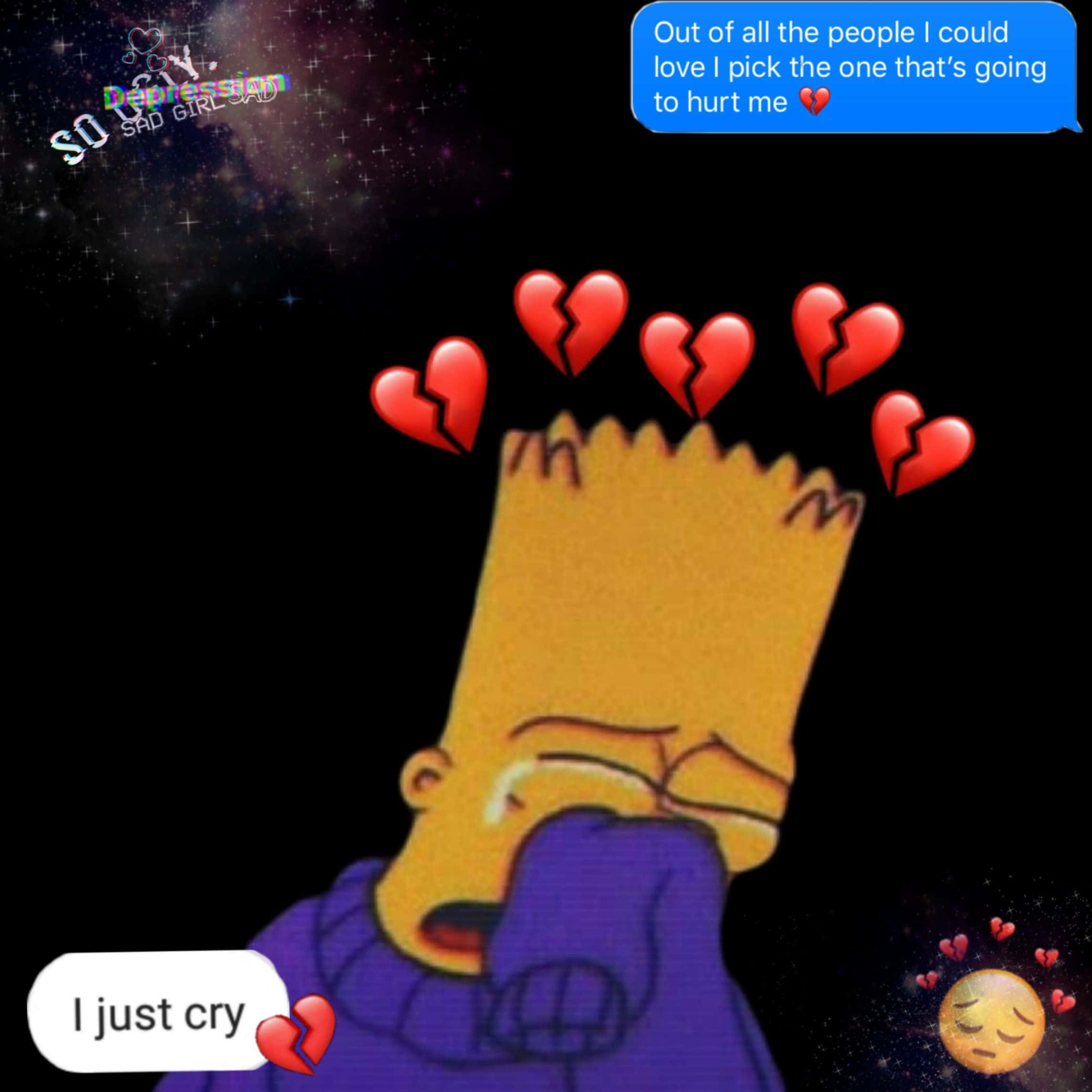 Sad Edits 桌布 壁紙 — 巴特·辛普森在繁星點點的夜空下哭泣，頭頂漂浮著破碎的心，並有表達心碎的對話氣泡。