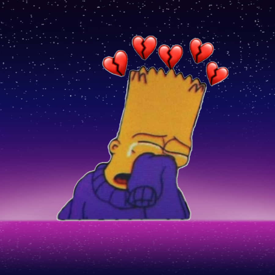 Simpsons Aesthetic 桌布 壁紙 — 巴特·辛普森在繁星點點的紫色天空下，把臉埋進袖子裡哭泣，頭頂上漂浮著破碎的心。