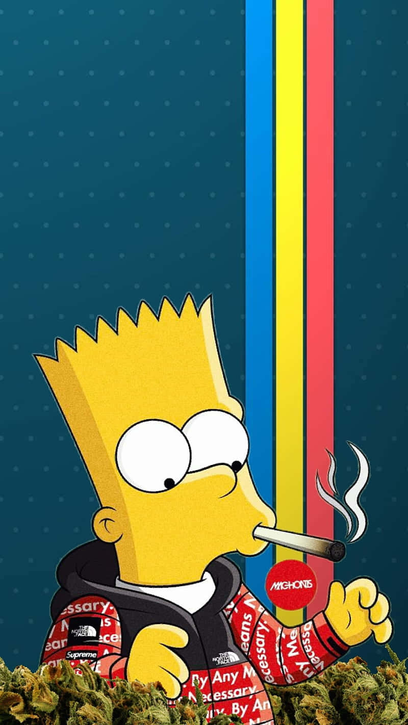 Dope Simpsons 桌布 壁紙 — 巴特·辛普森在藍色背景配彩色垂直條紋下，被大麻花蕾包圍著抽煙。