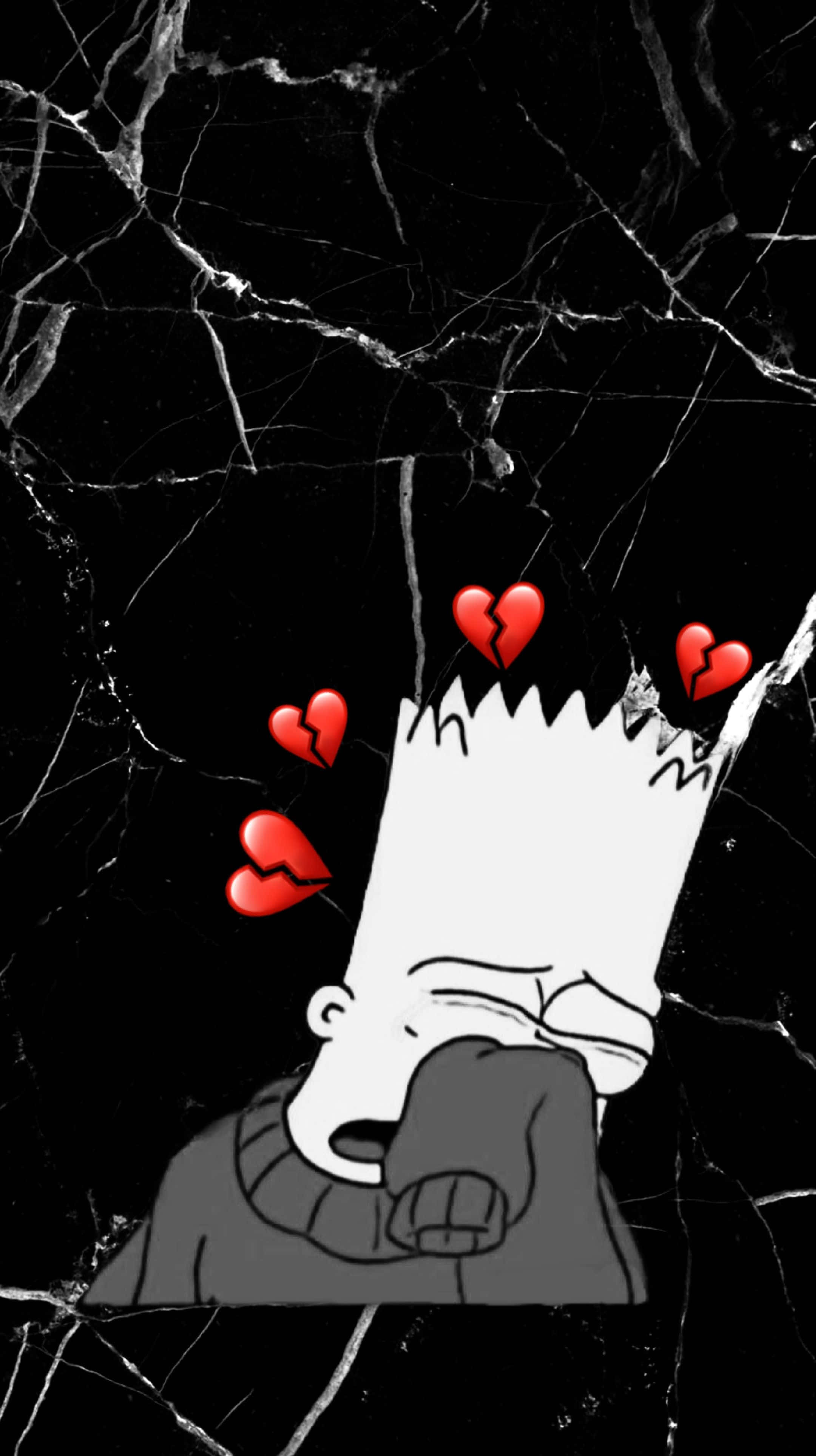Bart Simpson Crying 桌布 壁紙 — 巴特·辛普森在裂開的黑色大理石背景上哭泣，破碎的紅色心形漂浮在他的頭頂。