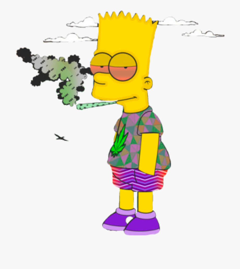 Bart Simpson Weed 桌布 壁紙 — 巴特·辛普森在陰天背景下吸食大麻煙，帶有迷幻煙霧痕跡。