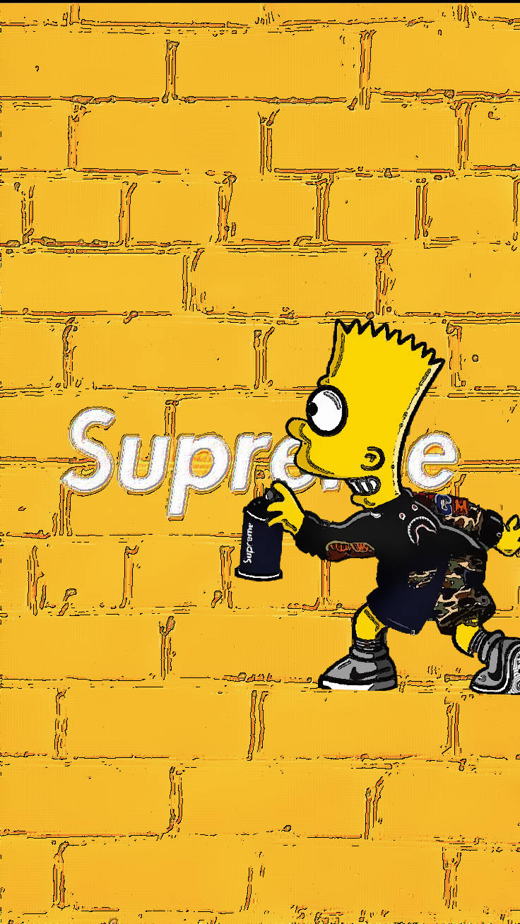 手機 桌布 壁紙 — 巴特·辛普森在黃色磚牆上噴漆 Supreme 字樣，以風格化卡通插圖呈現。
