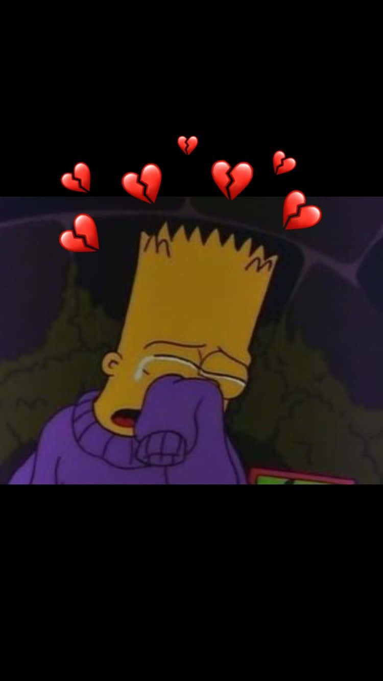 bart simpson sad boy 桌布 壁紙 — 巴特·辛普森在黑暗場景中哭泣，破碎的心形表情符號漂浮在他的頭頂上方。