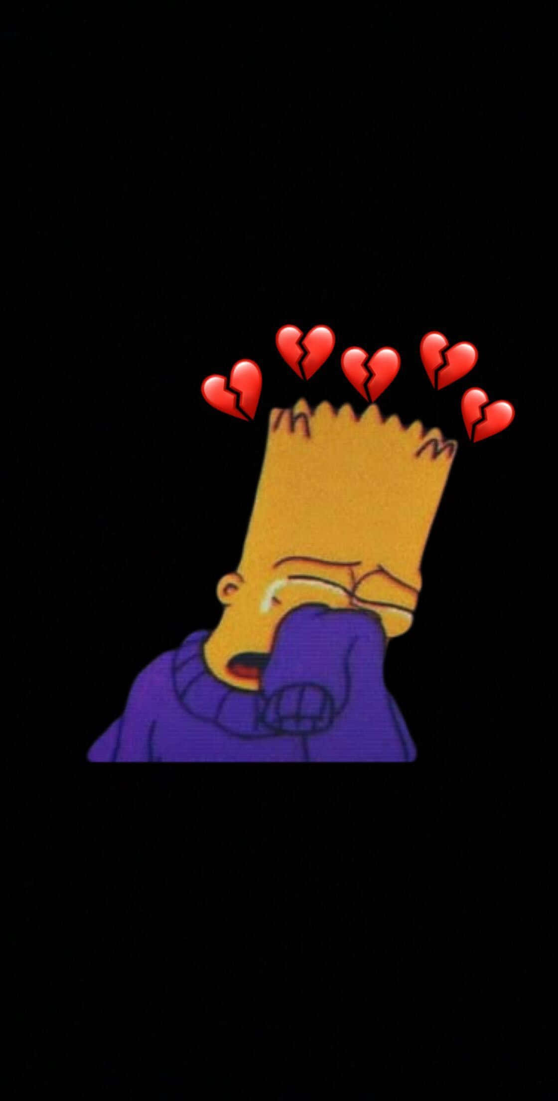 Simpsons Aesthetic 桌布 壁紙 — 巴特·辛普森在黑色背景上哭泣，頭頂漂浮著破碎的心形表情符號。