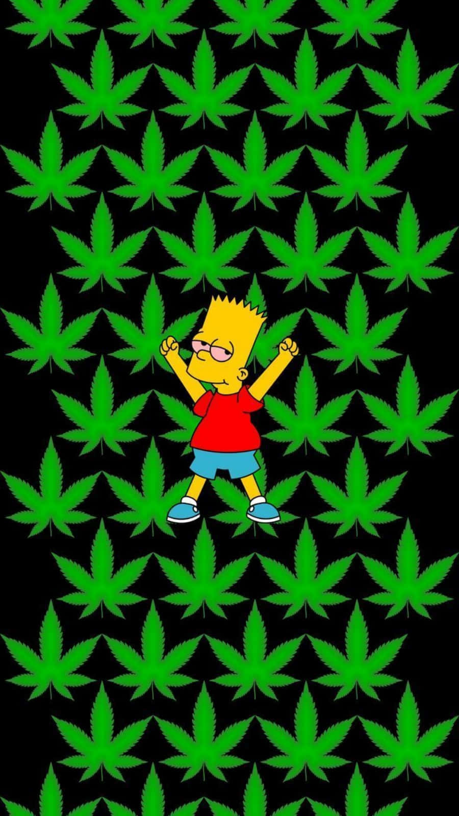  壁紙 — 巴特·辛普森在黑色背景上重複的亮綠色大麻葉圖案中快樂地跳舞。