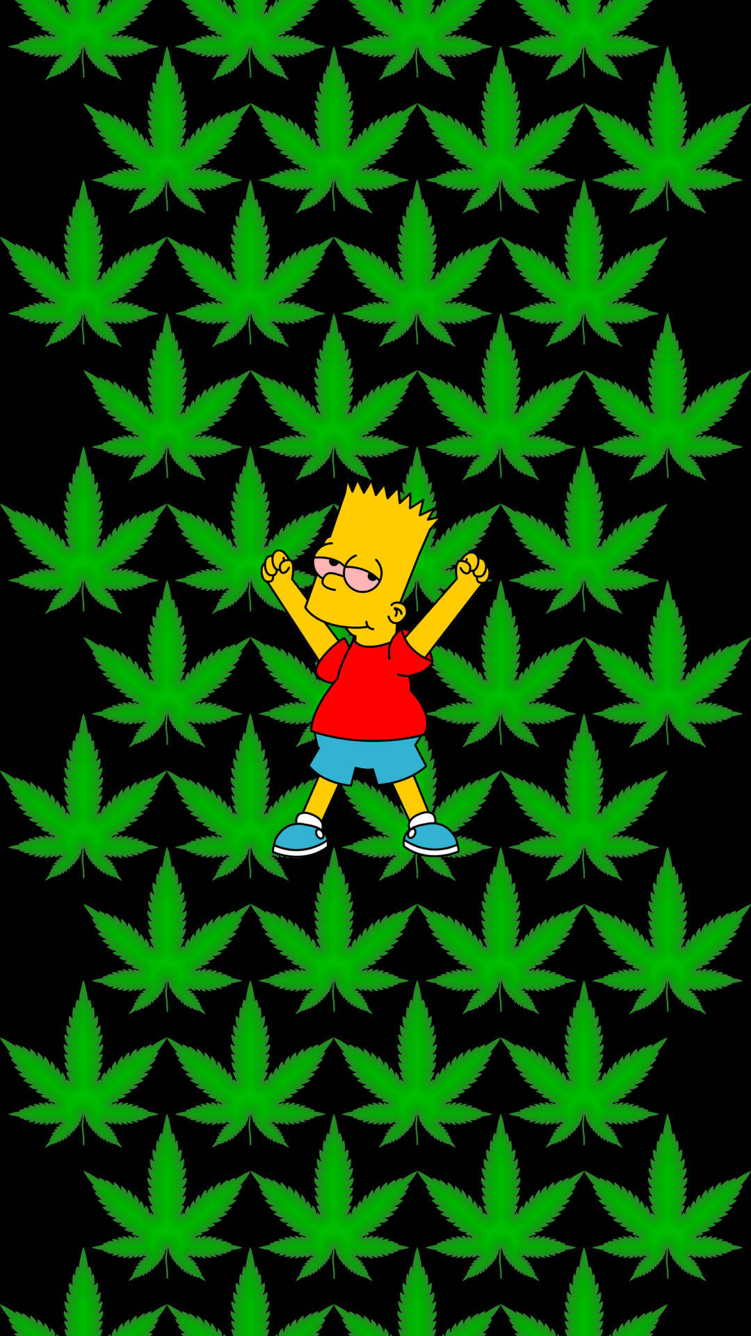 霸子·辛普森 桌布 壁紙 — 巴特·辛普森在黑色背景上重複的亮綠色大麻葉圖案中快樂地跳舞。