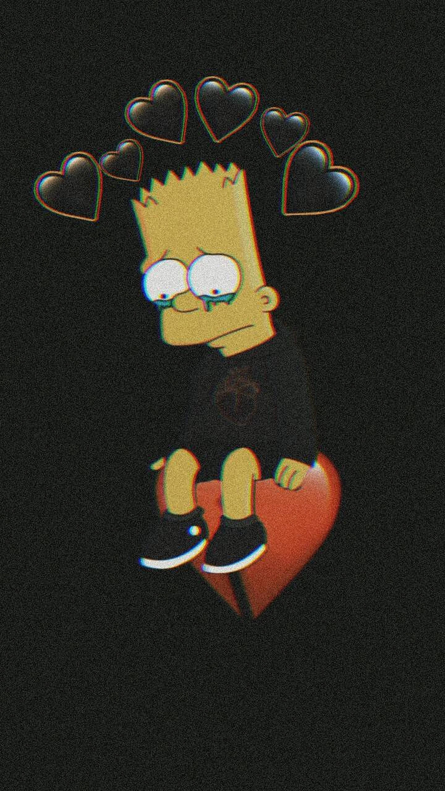 Simpson 桌布 壁紙 — 巴特·辛普森坐在一個破碎的紅心上，黑色心形在他頭頂漂浮，背景為深色。