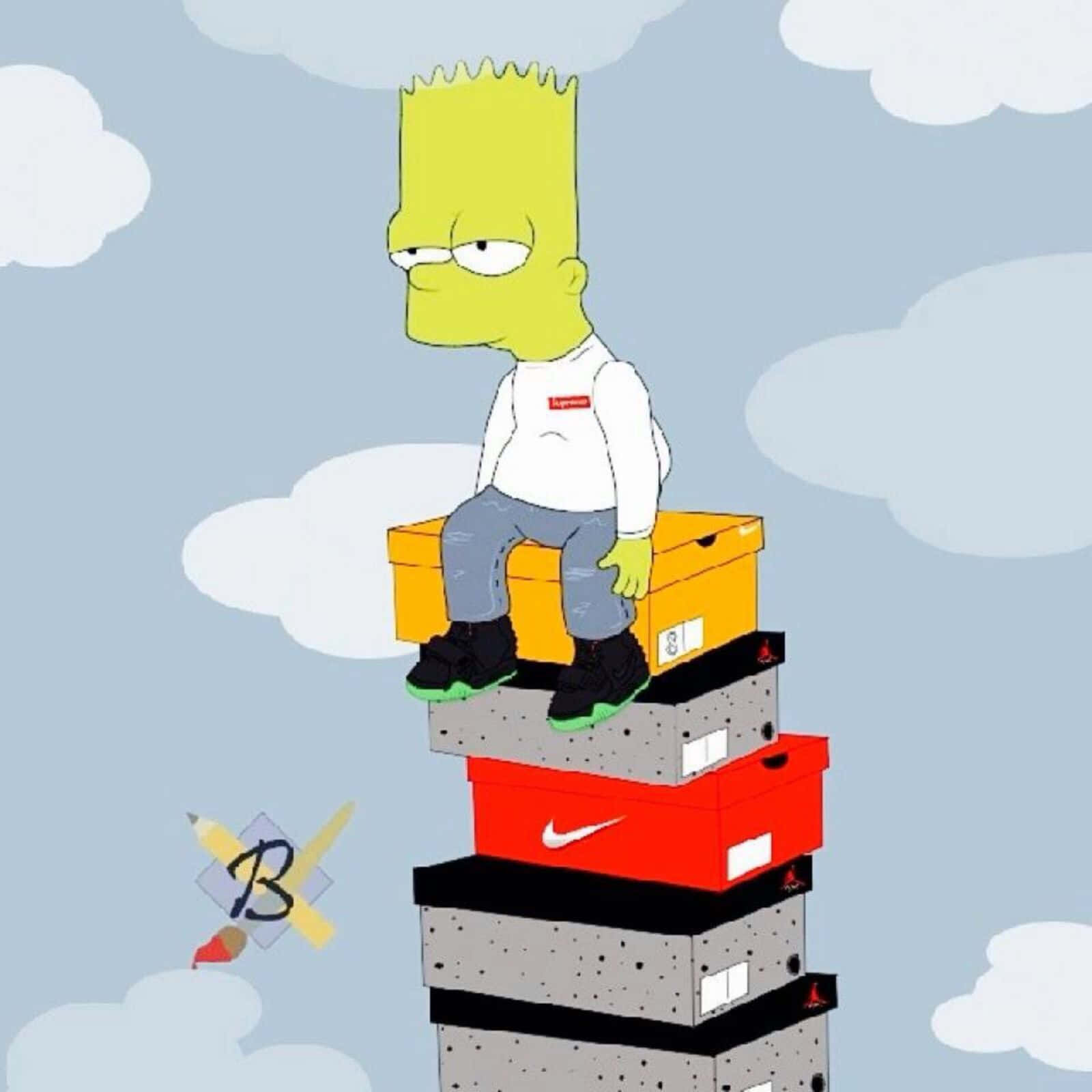 Dope Simpsons 桌布 壁紙 — 巴特·辛普森坐在一堆色彩繽紛的Nike鞋盒上，背景是陰天，附近漂浮著鉛筆和畫筆。