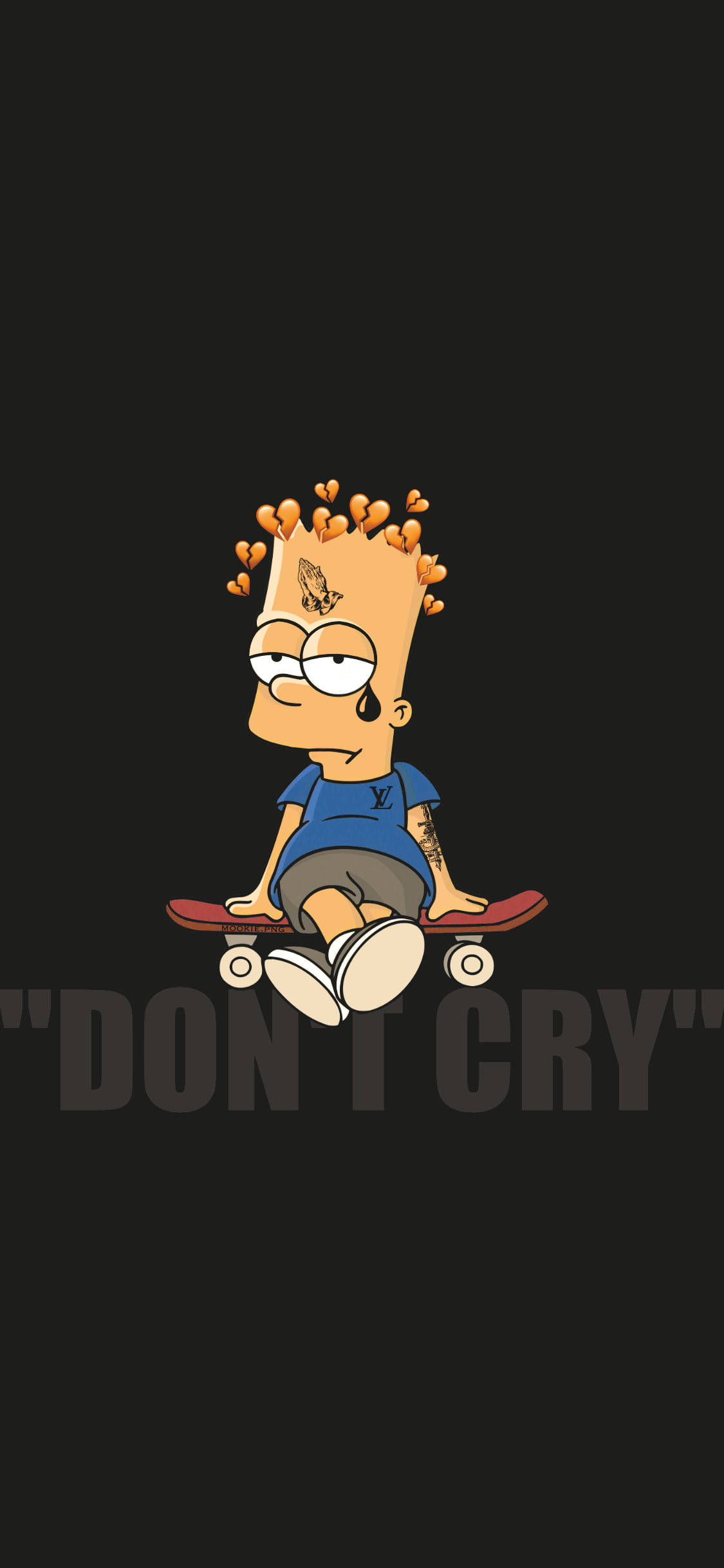 Sad Simpsons 桌布 壁紙 — 巴特·辛普森坐在滑板上，背景為黑色，心形從他的頭髮飄出，下方有文字「DON'T CRY」。