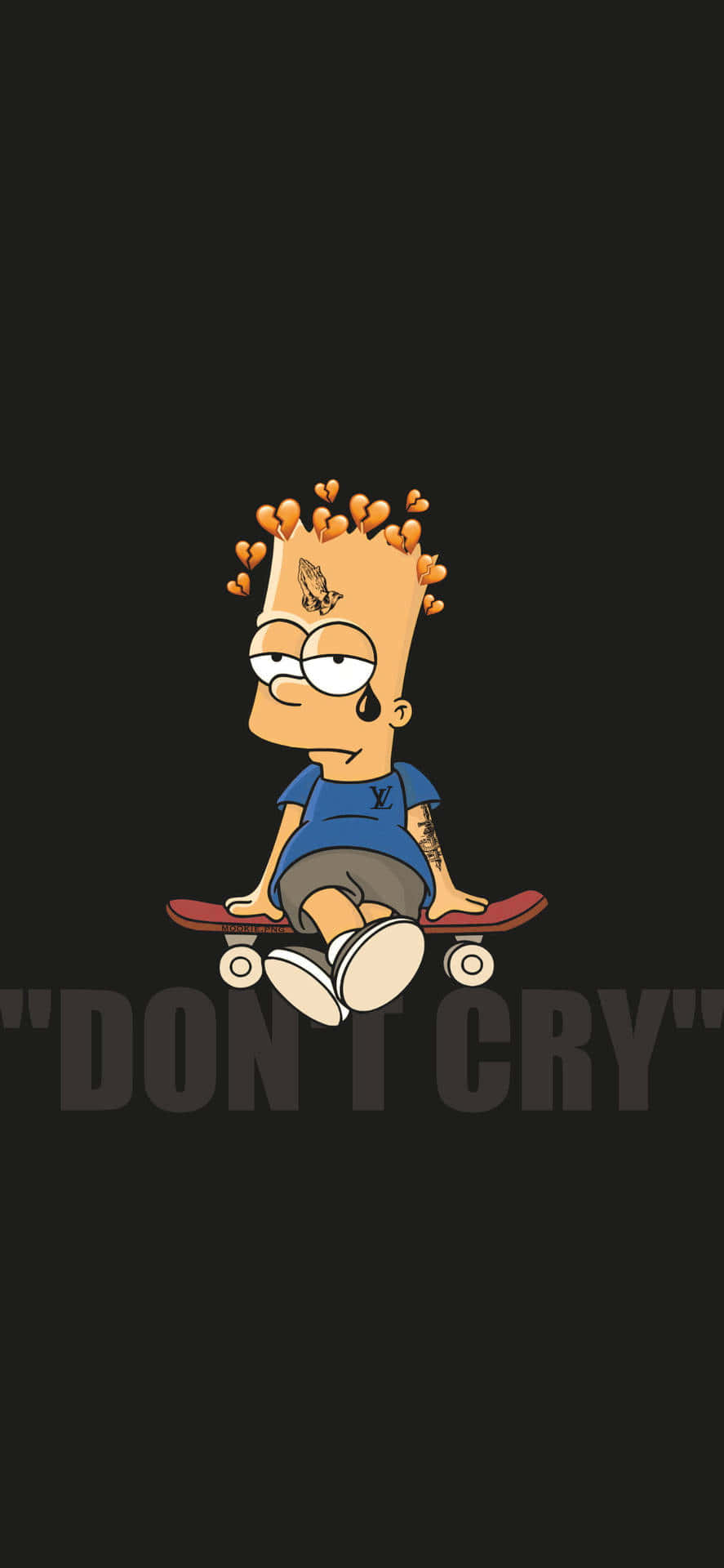 Sad Lisa Simpson 桌布 壁紙 — 巴特·辛普森坐在滑板上，背景為黑色，頭髮上有心形飄浮，下方有文字「DON'T CRY」。