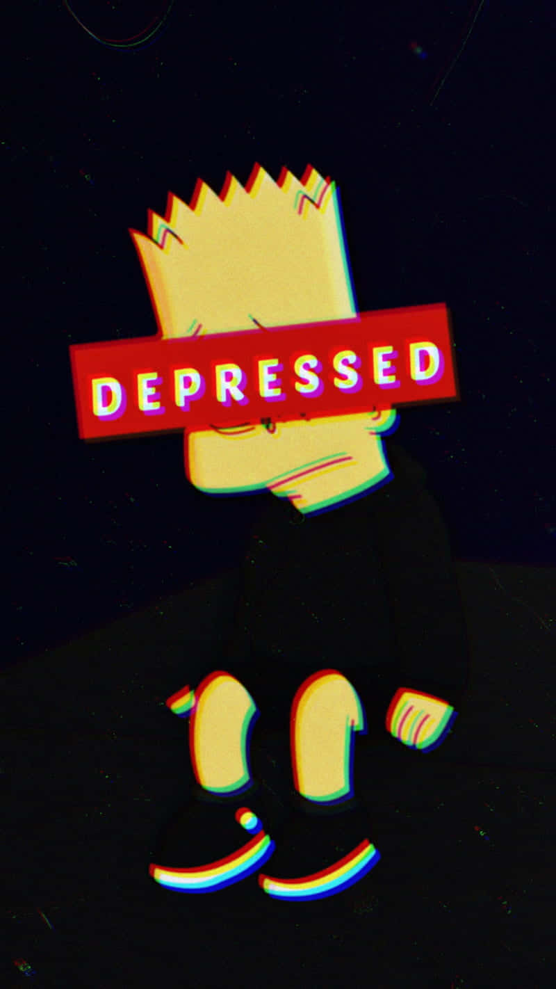 Sad Lisa Simpson 桌布 壁紙 — 巴特·辛普森垂頭喪氣地坐著，臉上蓋著一個紅色的「DEPRESSED」標誌，背景是黑暗星空並帶有彩虹故障效果。