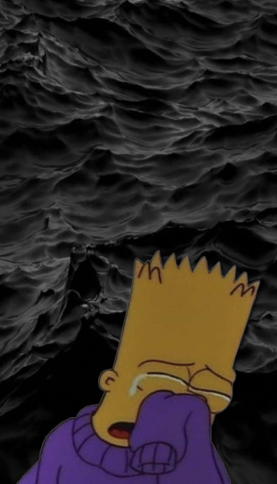 Bart Simpson Crying 桌布 壁紙 — 巴特·辛普森對著洶湧的黑色波浪背景，哭進拳頭裡。