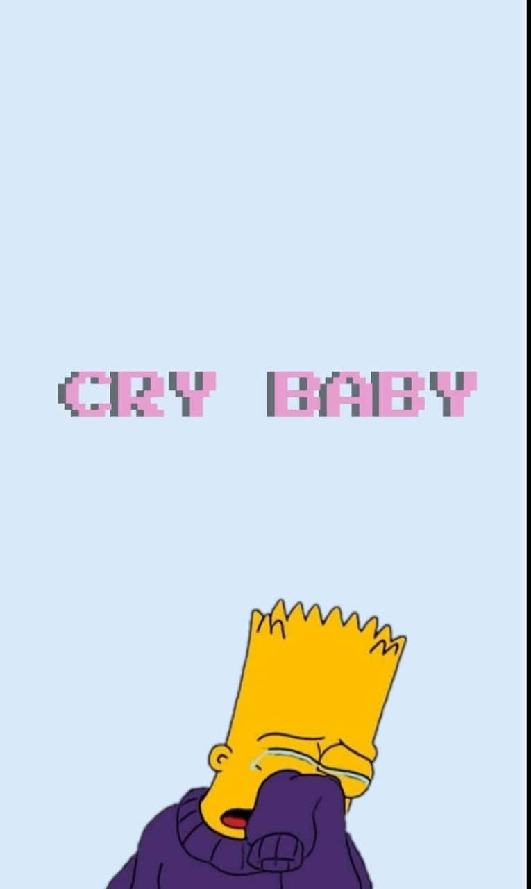 Bart Simpson Crying 桌布 壁紙 — 巴特·辛普森對著淡藍色背景握拳哭泣，並有像素化的粉紅色文字寫著 cry baby。