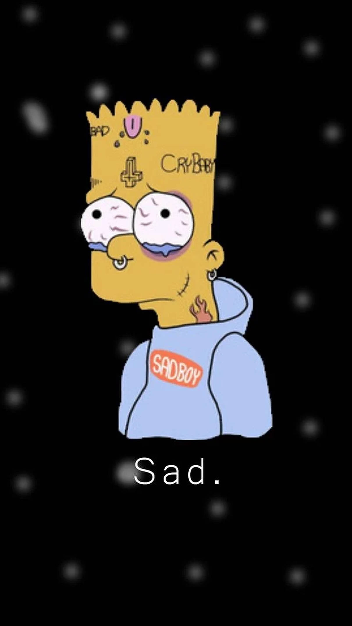 Simpson 桌布 壁紙 — 巴特·辛普森帶有刺青和悲傷的表情，穿著 'Sadboy' 連帽衫，背景是星空黑色。