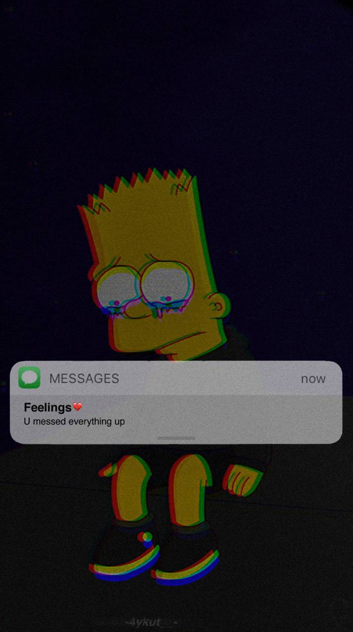 Bart Simpson Aesthetic 桌布 壁紙 — 巴特·辛普森帶有故障彩虹邊緣，悲傷地凝視著一個訊息泡泡，上面寫著「Feelings U messed everything up」，背景為深色。
