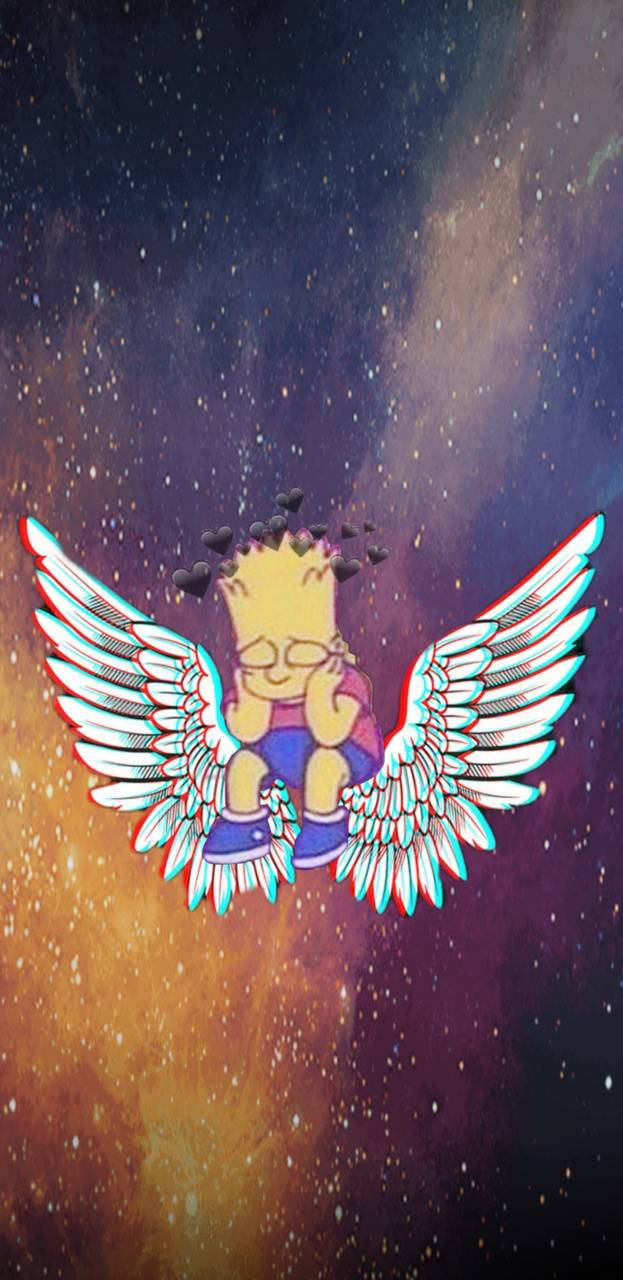 巴特·辛普森帶著天使翅膀，在充滿漂浮愛心的多彩宇宙星雲中漂浮。 — 霸子·辛普森 GIF 壁紙