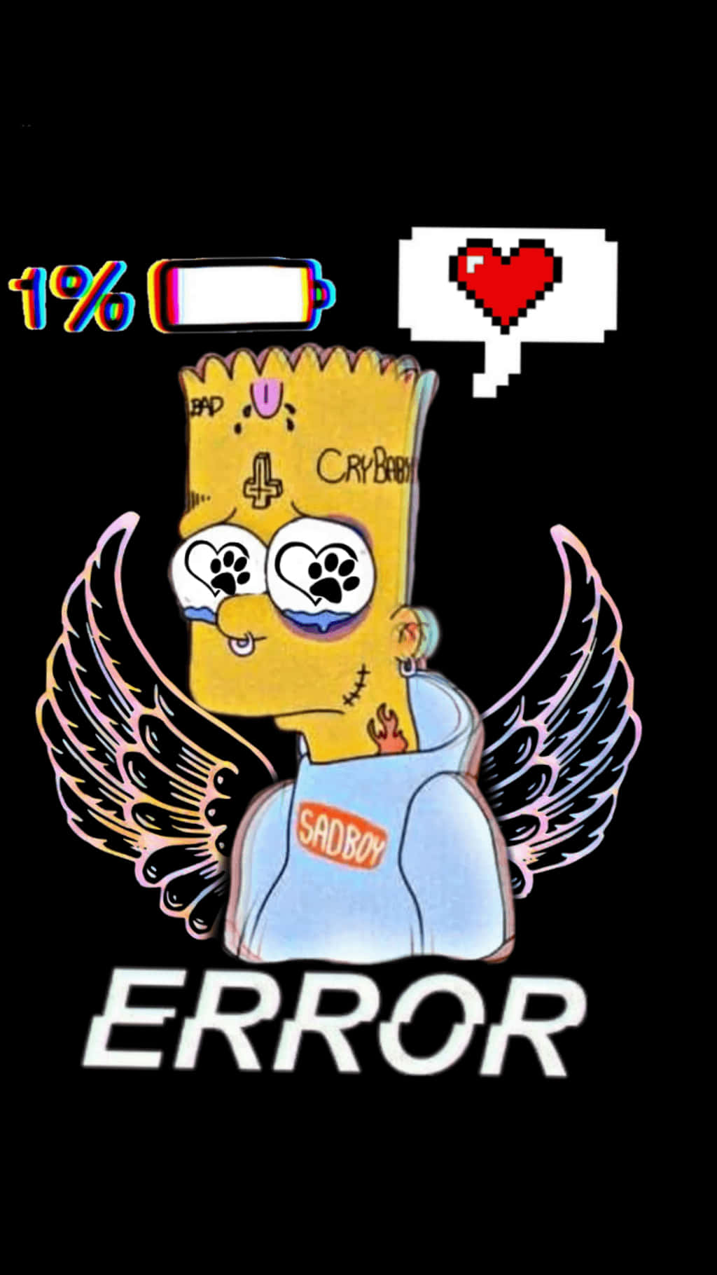 Sad Edits 桌布 壁紙 — 巴特·辛普森帶著天使翅膀和悲傷表情，在低電量和心碎圖標下穿著「SADBOY」連帽衫。