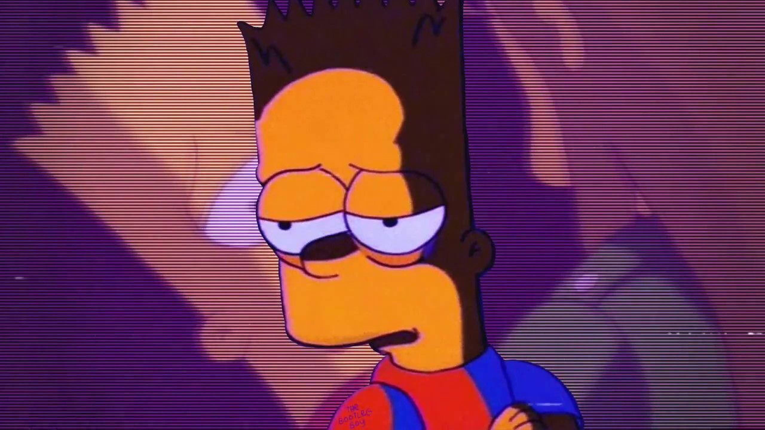 Simpson 桌布 壁紙 — 巴特·辛普森帶著疲倦的眼神，在紫色故障背景前茫然凝視。