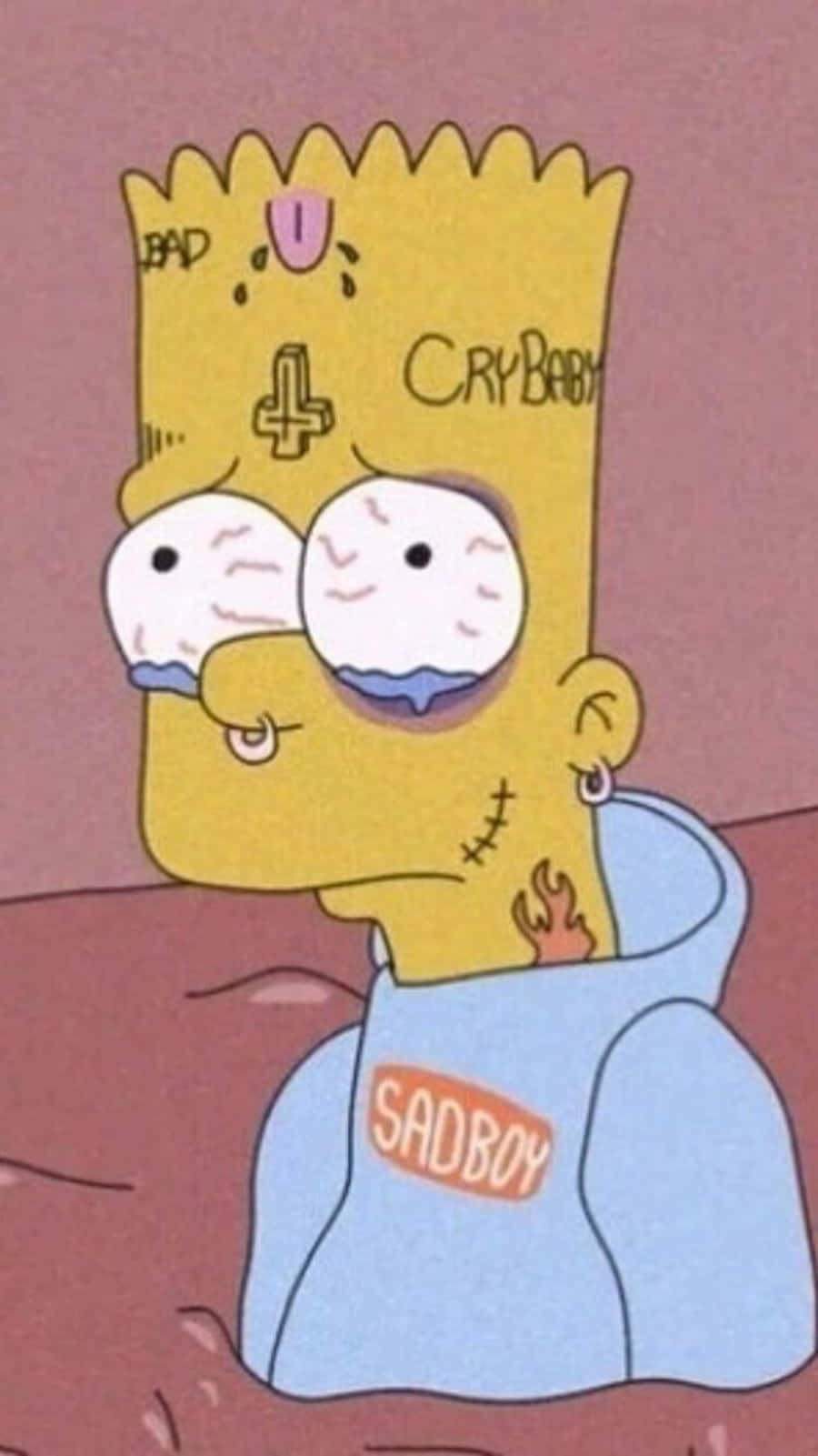 The Simpsons 桌布 壁紙 — 巴特·辛普森帶著誇張的悲傷化妝和'SADBOY'連帽衫，背景是柔和的粉紅色。