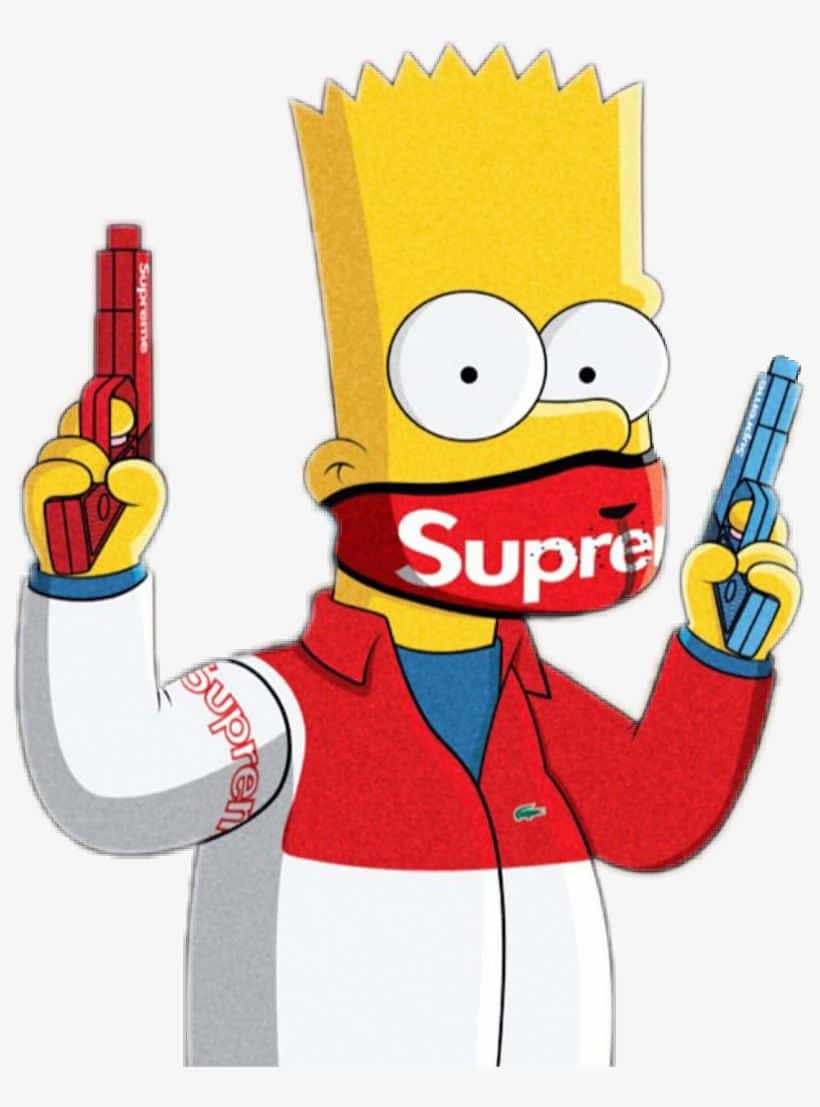 Bart Simpson Gangster 桌布 壁紙 — 巴特·辛普森戴上紅色Supreme面具和外套，手持紅色和藍色玩具槍，展現大膽的流行文化美學。