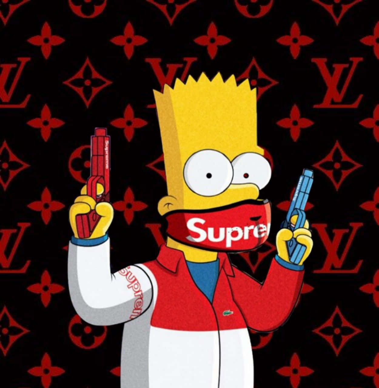 桌布 壁紙 — 巴特·辛普森戴上紅色Supreme面具和外套，手持兩把玩具槍，背景為黑色帶紅色Louis Vuitton字母圖案。
