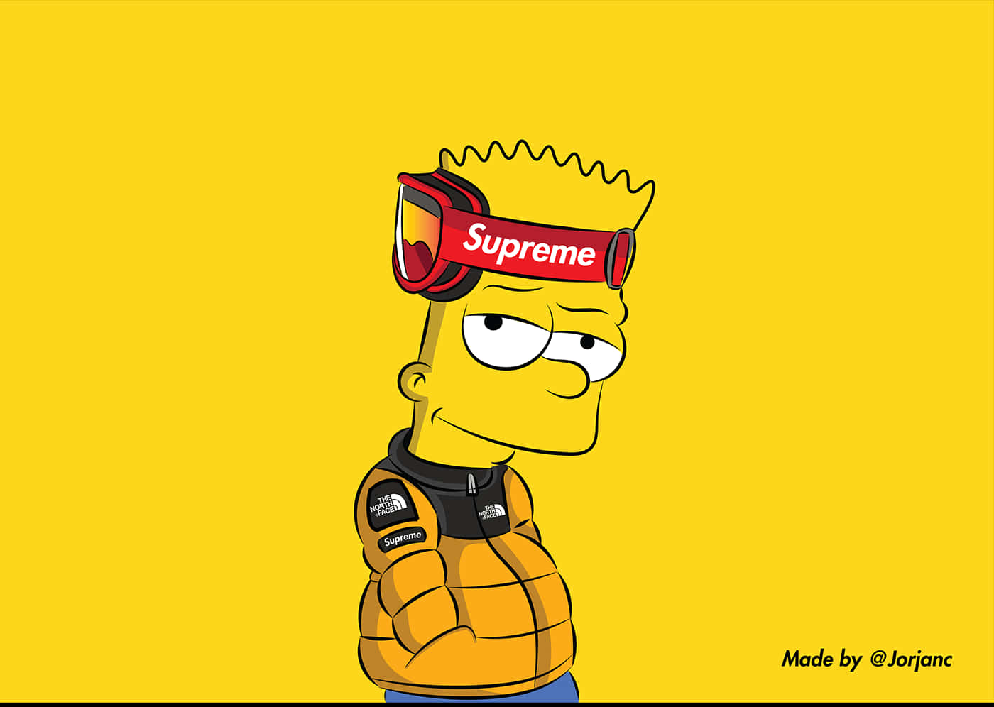 Dope Simpsons 桌布 壁紙 — 巴特·辛普森戴著 Supreme 護目鏡和黃色 North Face 外套，背景為純黃色。