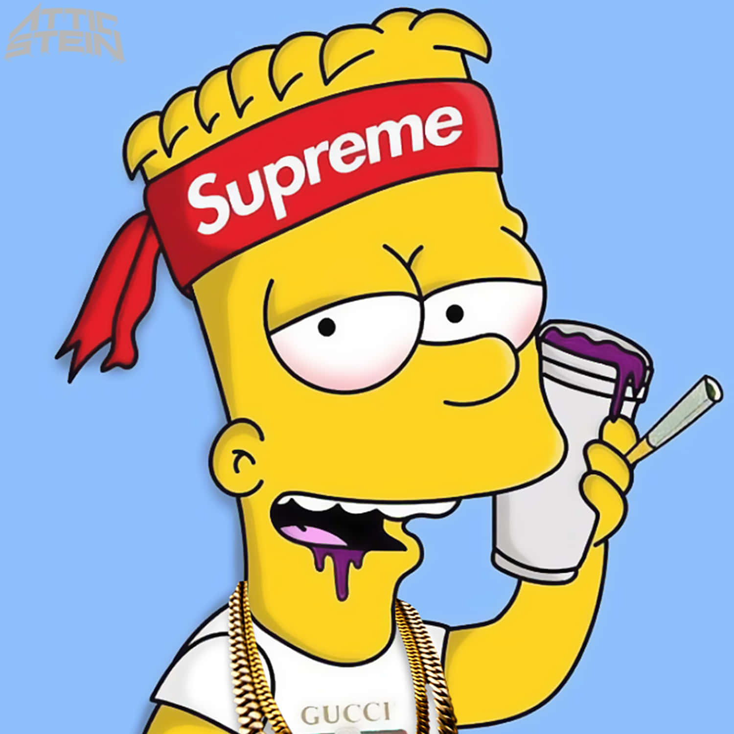 桌布 壁紙 — 巴特·辛普森戴著Supreme頭巾和Gucci襯衫，在藍色背景前拿著杯子和香煙，滴下紫色液體。