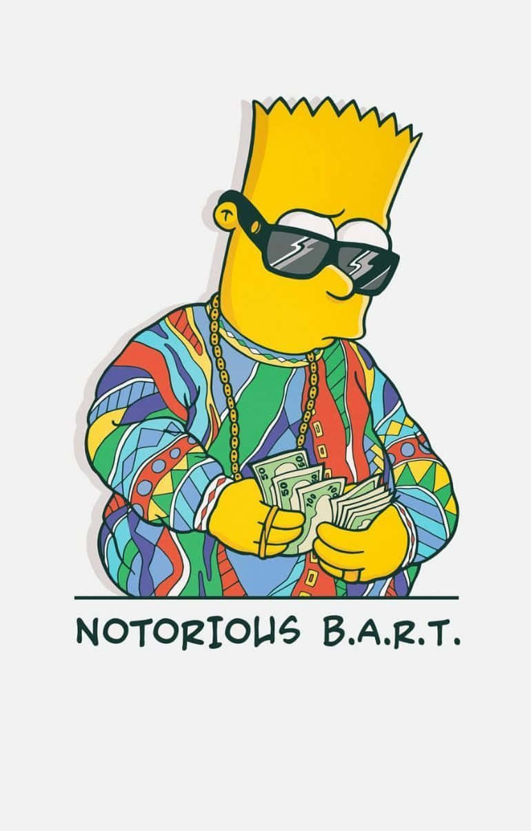 Dope Simpsons 桌布 壁紙 — 巴特·辛普森戴著太陽眼鏡，穿著彩色圖案襯衫，在「NOTORIOUS B.A.R.T.」文字下拿著現金，露出得意的笑容。