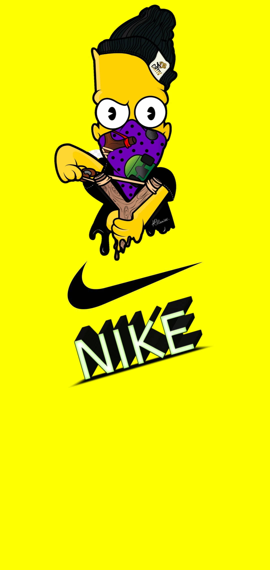 Nike 桌布 壁紙 — 巴特·辛普森戴著毛帽和紫色口罩，在明亮的黃色背景上，於粗體Nike標誌上方手持弓箭。