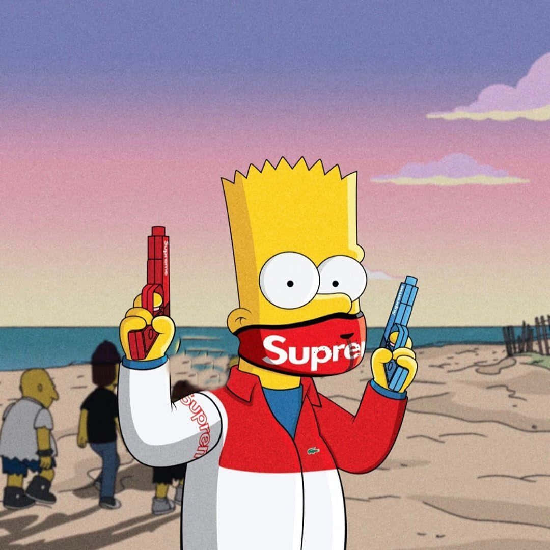 桌布 壁紙 — 巴特·辛普森戴著紅色Supreme面具和外套，在日落時分的沙灘上拿著水槍。