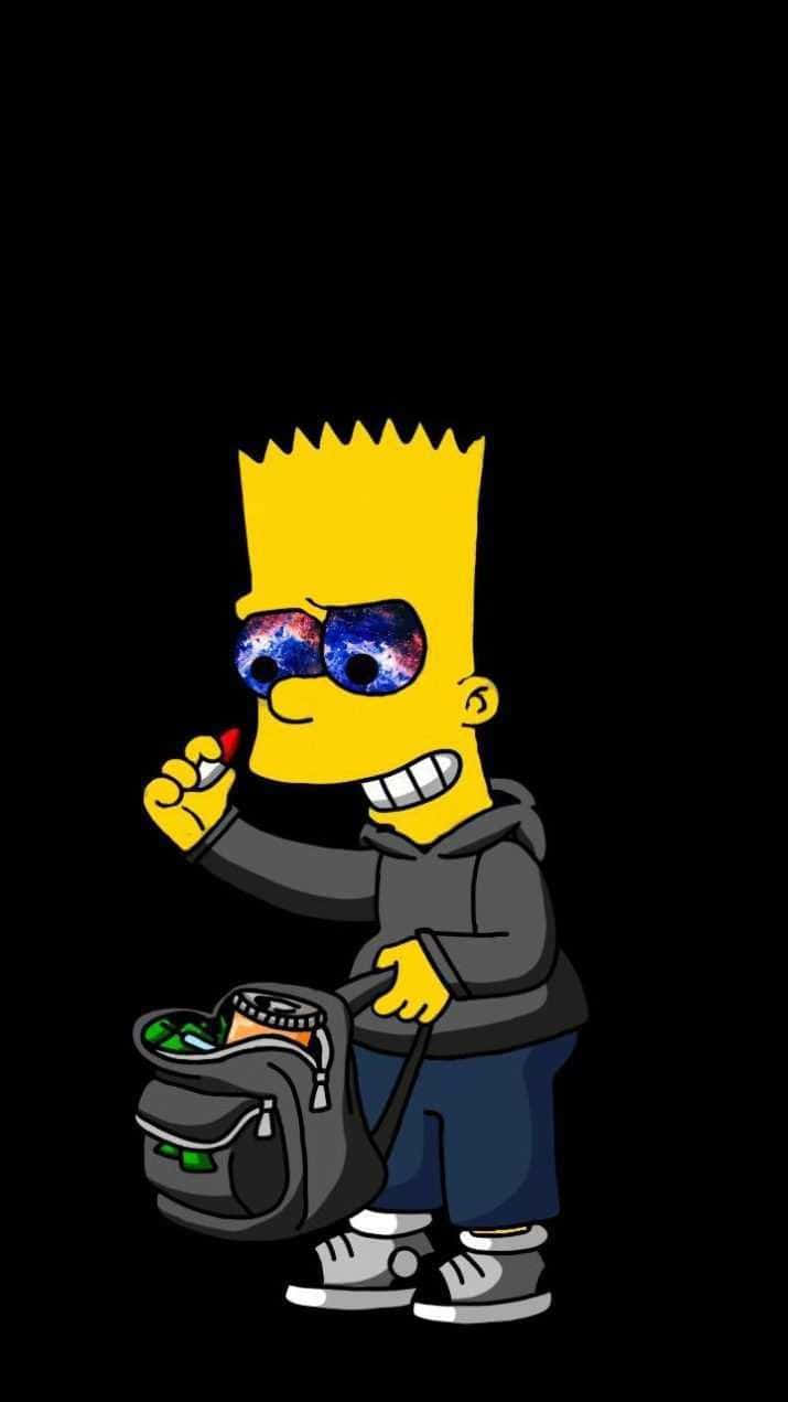 Dope Simpsons 桌布 壁紙 — 巴特·辛普森戴著銀河眼鏡，手持香菸和背包，背景為黑色。