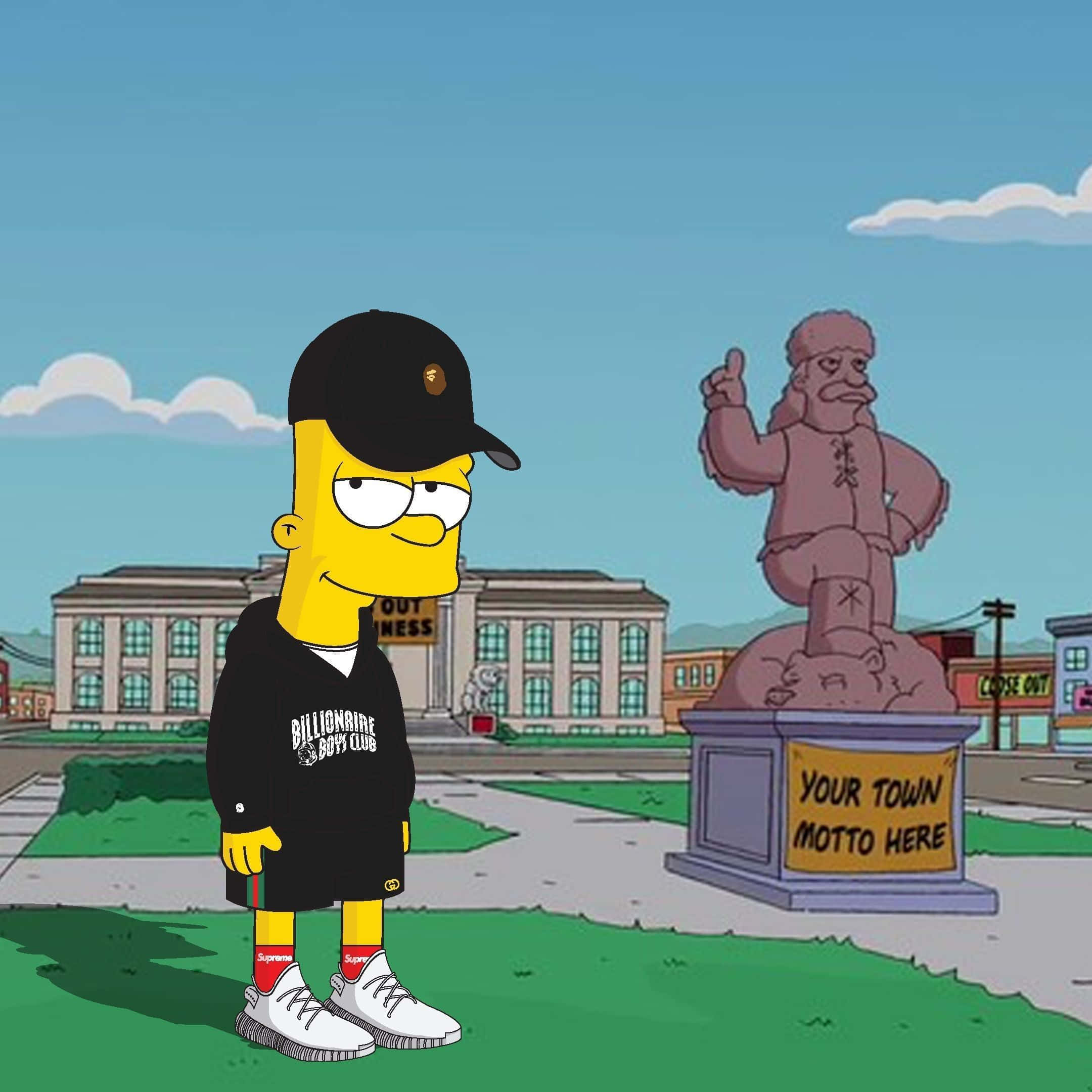 Bart Simpson Gangster 桌布 壁紙 — 巴特·辛普森戴著黑色鴨舌帽和連帽衫，站在卡通小鎮的雕像前，天空湛藍清澈。