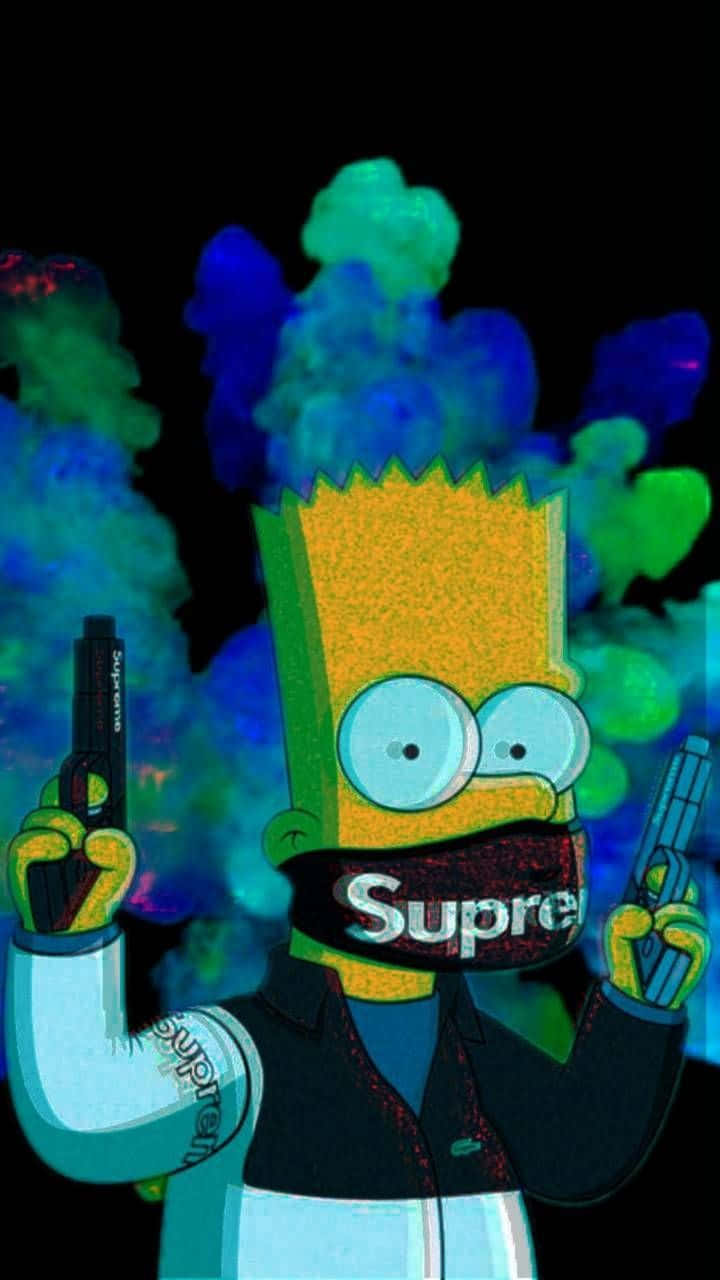 巴特·辛普森手持兩把槍，戴著Supreme面具，身後有彩色煙霧。 — 辛普森家庭 GIF 壁紙