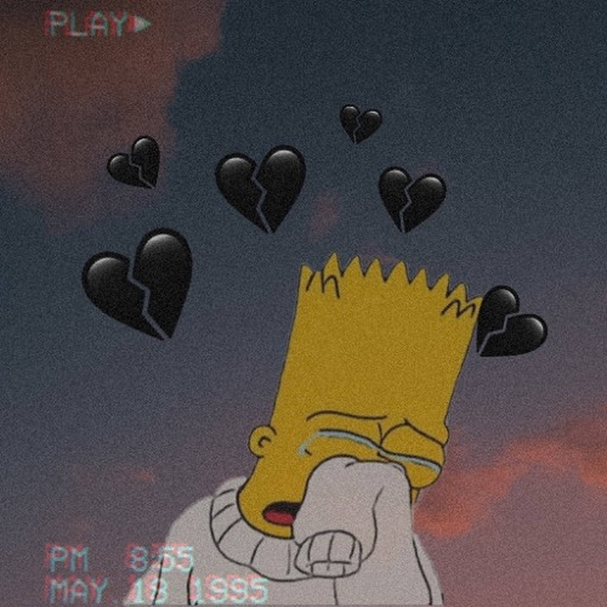 Simpson 桌布 壁紙 — 巴特·辛普森把臉埋在袖子裡哭泣，破碎的黑色心形在他頭頂上飄浮，背景是黃昏的天空。