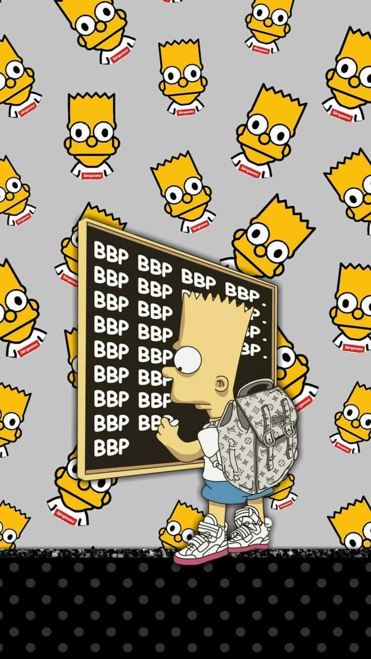 Dope Simpsons 桌布 壁紙 — 巴特·辛普森拿著一塊寫滿「BBP」的黑板，周圍是灰色背景上重複的卡通頭像。