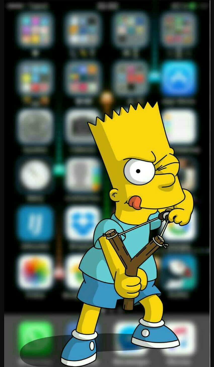 Dope Simpsons 桌布 壁紙 — 巴特·辛普森拿著彈弓，露出頑皮的笑容，背景是模糊的智慧型手機主螢幕。