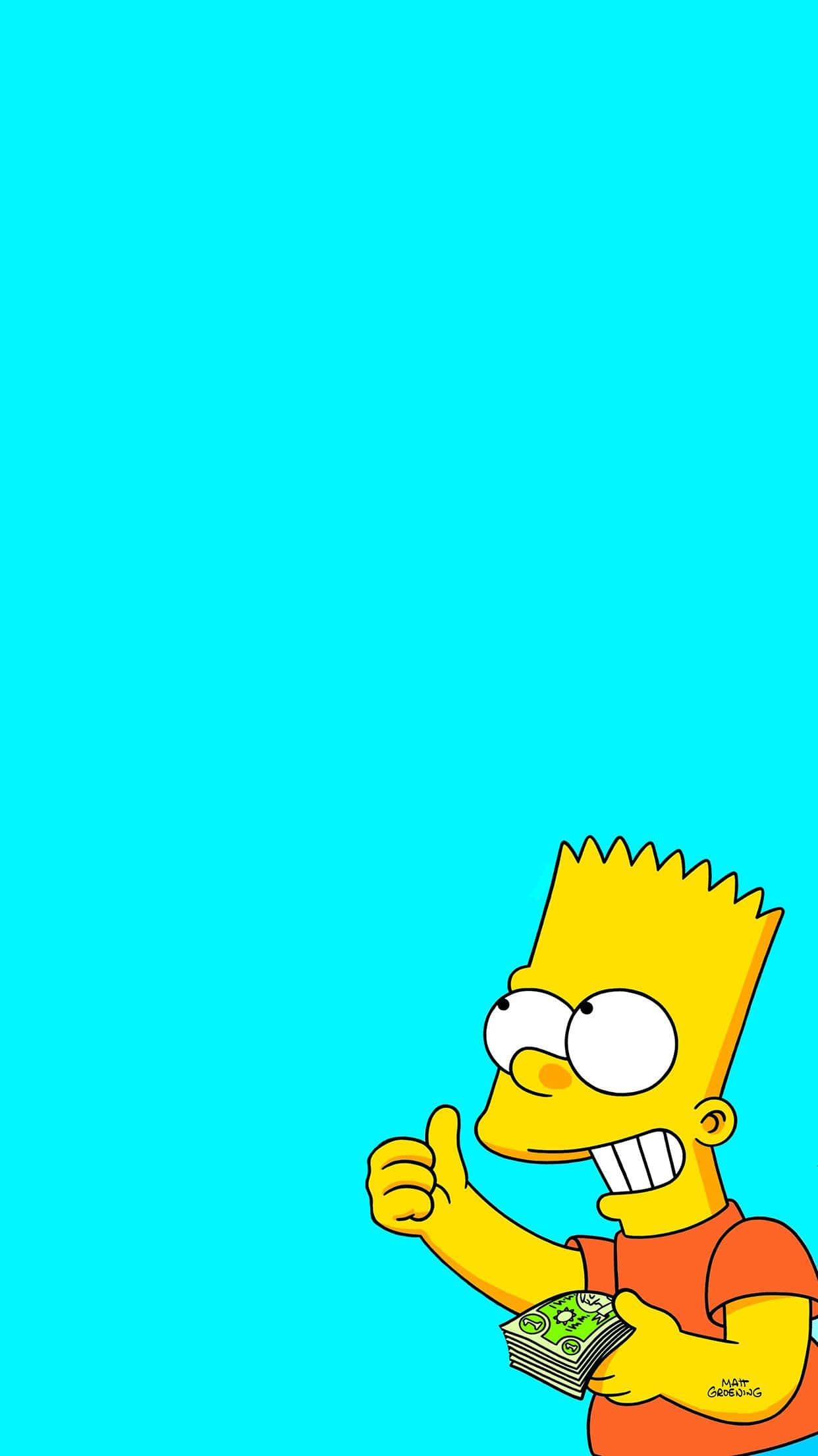 Bart Simpson Aesthetic 桌布 壁紙 — 巴特·辛普森拿著現金，露出頑皮的笑容，在純青色背景前豎起大拇指。