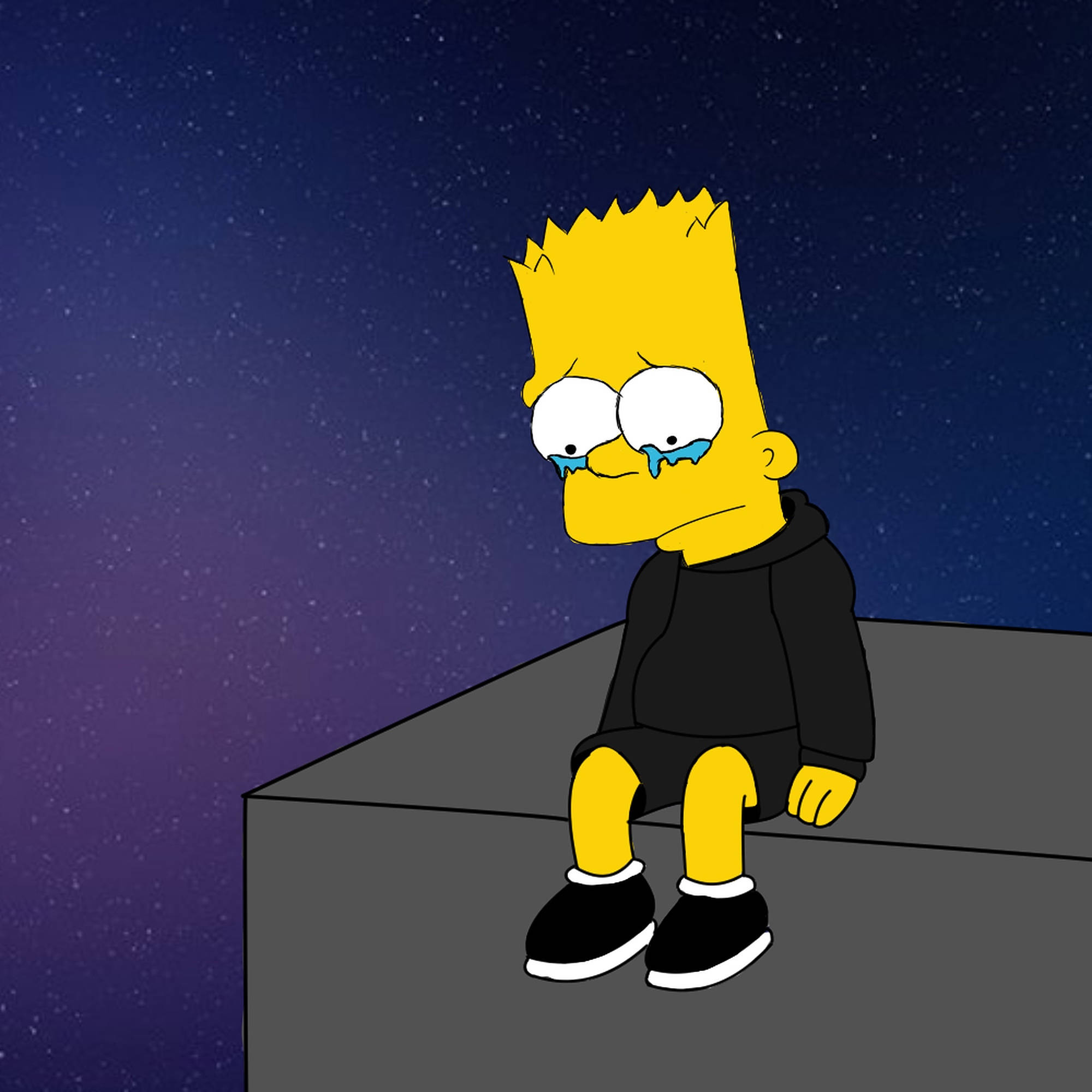 Simpson 桌布 壁紙 — 巴特·辛普森晚上獨自坐在屋頂上，在繁星點點的紫色天空下哭泣。