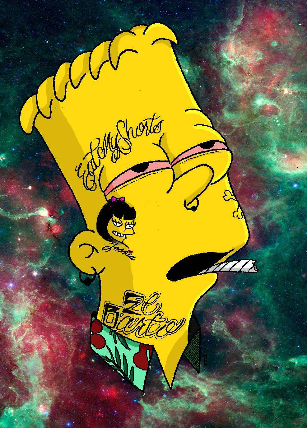 辛普森家庭 桌布 壁紙 — 巴特·辛普森漂浮在充滿活力的宇宙星雲中，身上有刺青和一支香菸，周圍是旋轉的星系和星星。