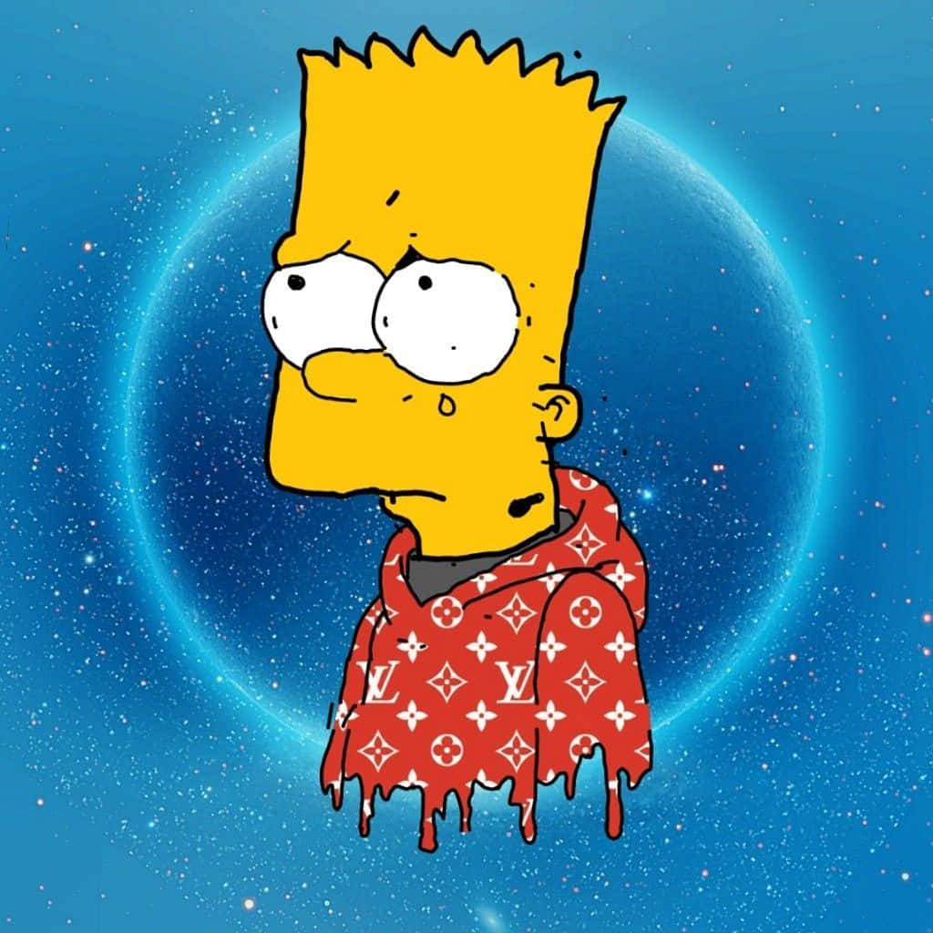 滴落感 桌布 壁紙 — 巴特·辛普森漂浮在太空中，穿著滴落的紅色路易威登連帽衫，背景是星光燦爛的藍色宇宙。