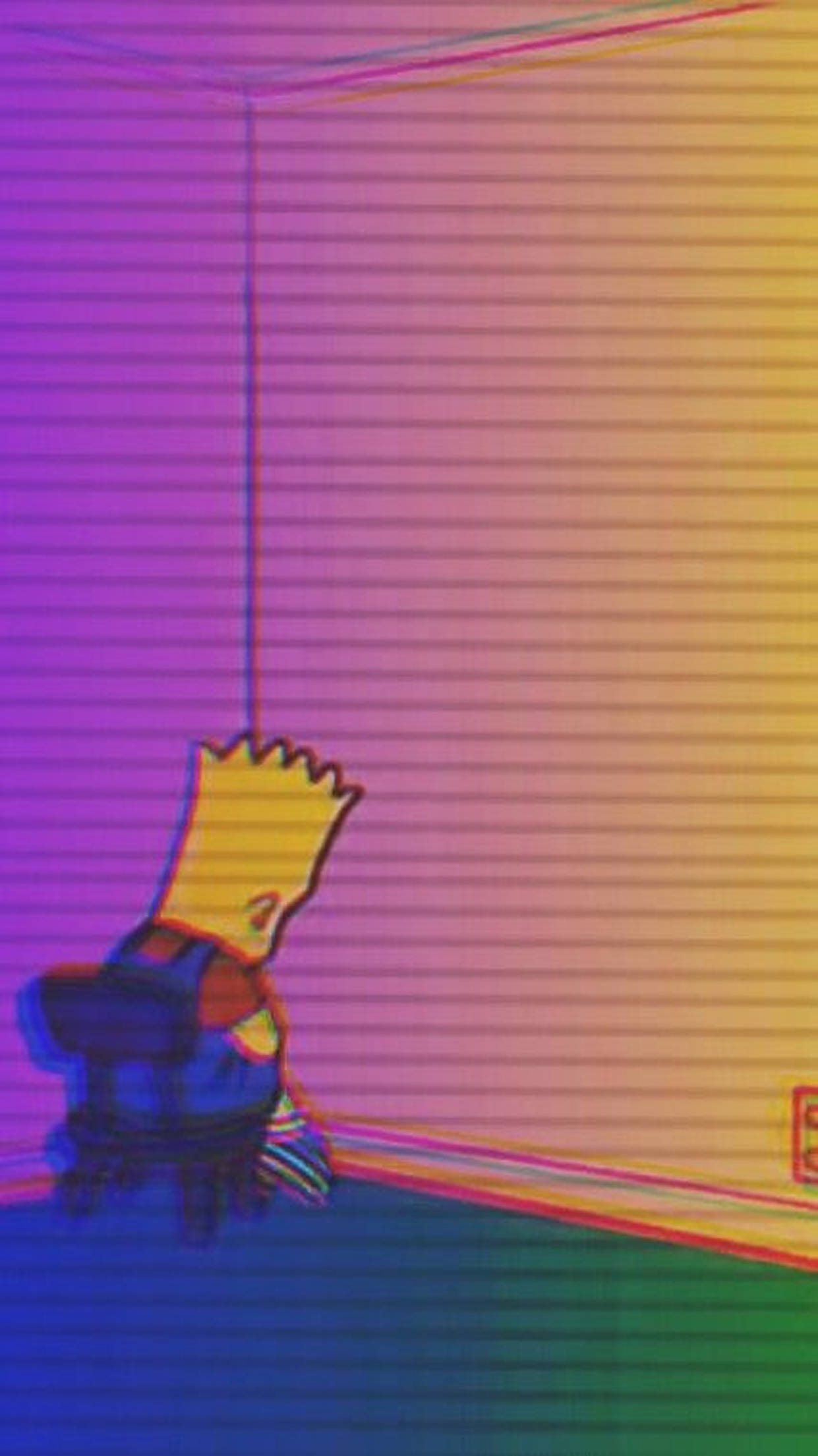 Simpson 桌布 壁紙 — 巴特·辛普森獨自坐在一個沐浴在從紫色到黃色的鮮豔漸變燈光的房間裡。